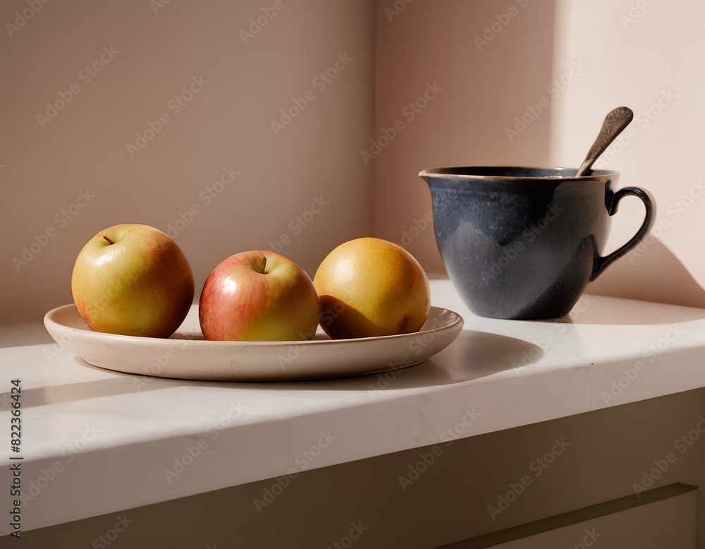 Minimalist Fruit Still Life: An Apple and Half an Orange on a Ceramic Plate Against a Soft Pink Background Minimalist Fruit Still Life: An Apple and Half an Orange on a Ceramic Plate Against a Soft Pink Background