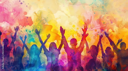 Artwork of a group of people celebrating with raised hands, symbolizing shared success and achievement photo