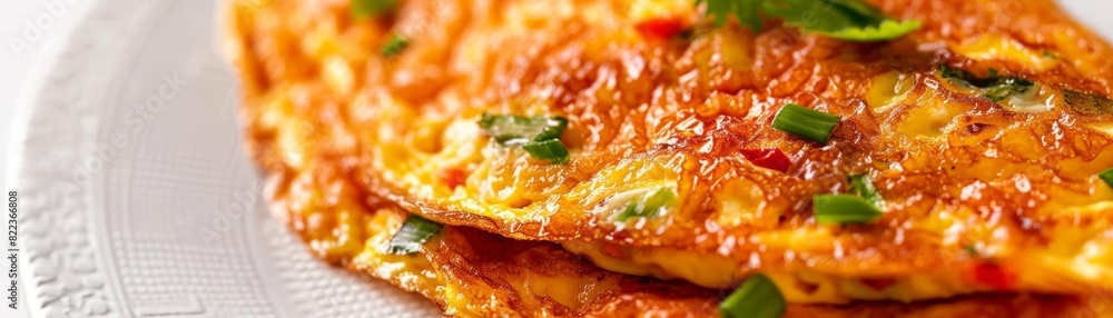 Closeup photo of a fluffy and savory Thaistyle omelette on a plain white background Closeup photo of a fluffy and savory Thaistyle omelette on a plain white background