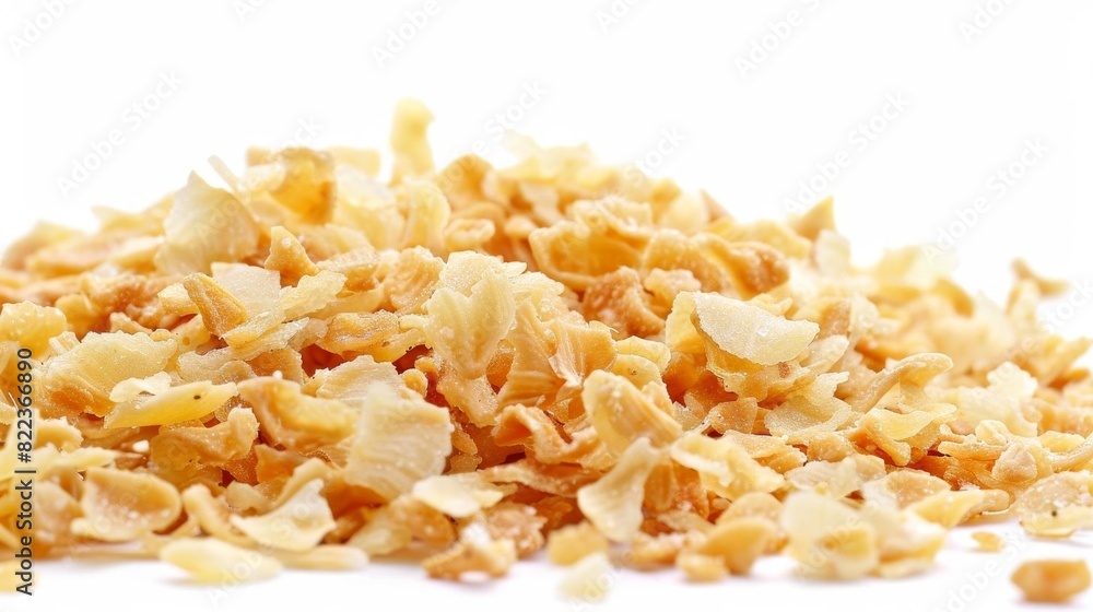 Closeup shot of delicious fried garlic flakes isolated on a white background Closeup shot of delicious fried garlic flakes isolated on a white background