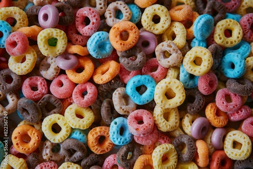 Many different colored cereal rings , sugary food background 