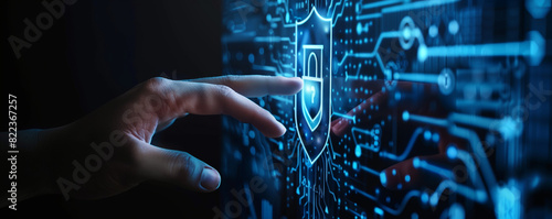 Cyber security and data protection on internet. Person touching virtual shield, secure access, encrypted connection. Password protected system and storage