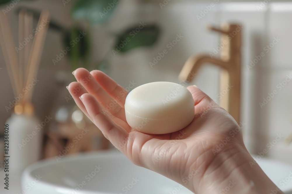Zero Waste Personal Care: Hand Holding Eco-Friendly Solid Shampoo Bar in a Modern Plastic-Free Bathroom Setting