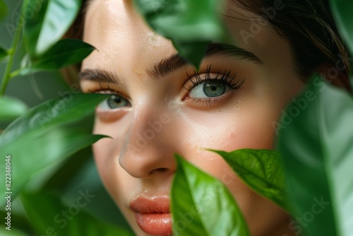 Natural Skincare with Green Tea Serum - Close-Up of Woman's Face Surrounded by Fresh Green Leaves