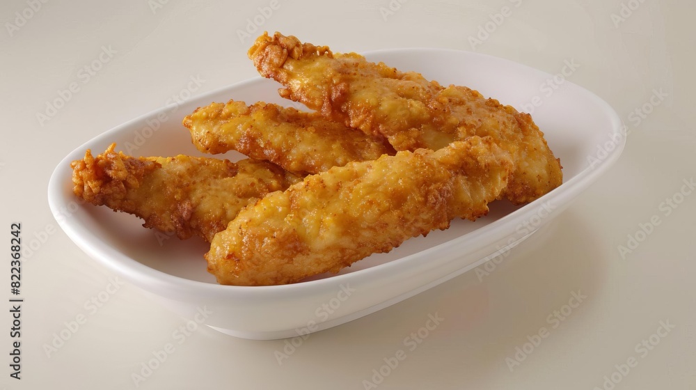 Illustration of appetizing fried chicken strips presented elegantly on a white dish Illustration of appetizing fried chicken strips presented elegantly on a white dish