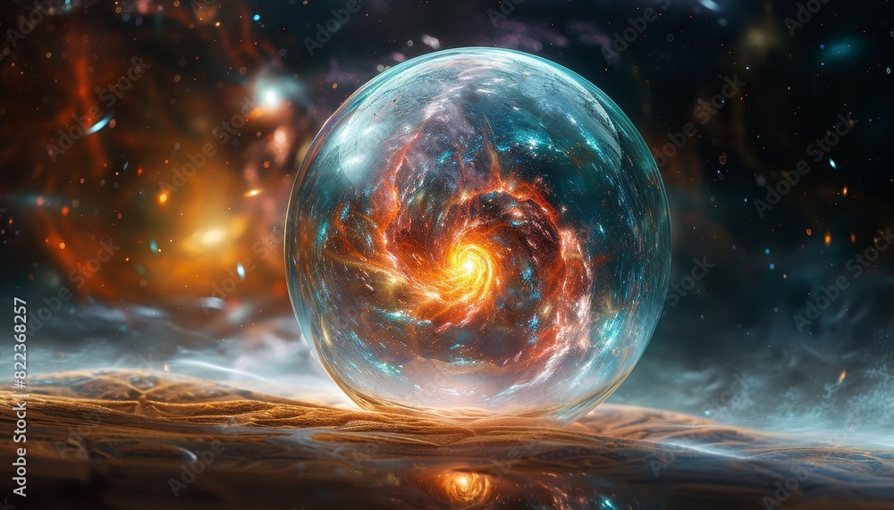 A glowing, colorful sphere is reflected in a mirror by AI generated image A glowing, colorful sphere is reflected in a mirror by AI generated image