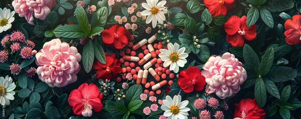 A beautiful arrangement of flowers with scattered pills. Conceptual image illustrating nature and medicine. Vibrant colors and detailed petals. A beautiful arrangement of flowers with scattered pills. Conceptual image illustrating nature and medicine. Vibrant colors and detailed petals.