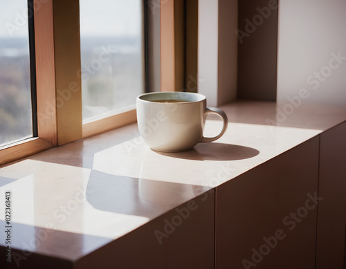 hot fresh coffee on wooden table with natural light and shadow in the morning at home
