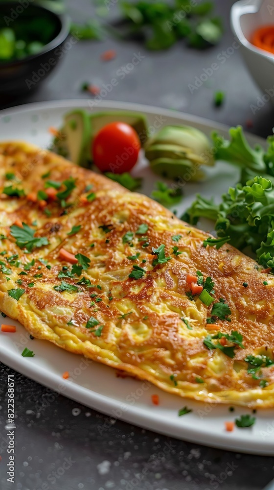 Photo of a delectable Thai omelette with crispy edges and fluffy texture, served on a white platter Photo of a delectable Thai omelette with crispy edges and fluffy texture, served on a white platter