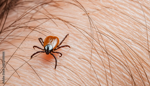 Crawling deer tick on human hairy skin background. Ixodes ricinus or scapularis. Dangerous parasitic mite on blurry pink photo