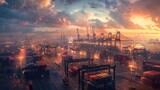 Aerial View of Commercial Shipping Port at Dusk: Global Trade Logistics with Container Cranes and Trucks