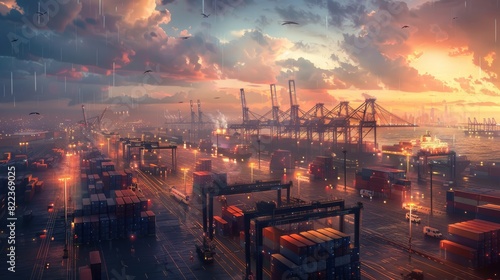 Aerial View of Commercial Shipping Port at Dusk: Global Trade Logistics with Container Cranes and Trucks photo