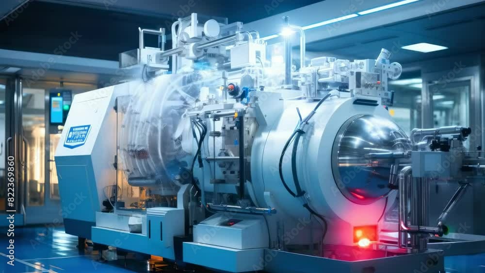 A large scientific apparatus with metal pipes and wires, surrounded by modern lab equipment. Bright lighting highlights the details and complexity of the device. A large scientific apparatus with metal pipes and wires, surrounded by modern lab equipment. Bright lighting highlights the details and complexity of the device.