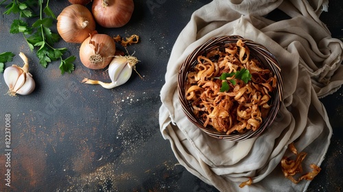 Photo of crispy fried shallots placed on a white cloth napkin, perfect for food editorials