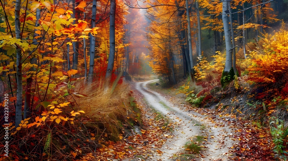 Vibrant Autumn Woodland with Winding Forest Path and Colorful Foliage