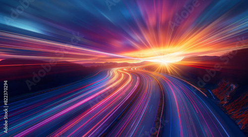 A long exposure photo of light trails on the highway at sunset, with vibrant colors and motion blur creating an abstract and dynamic composition. Generative AI.