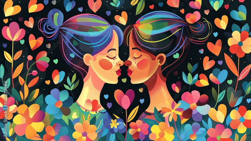 Love Knows No Bounds - Vibrant Vector Illustration of Lesbian Couple Embracing Among Rainbow Flowers and Hearts, Celebrating LGBTQ+ Love and Pride Love Knows No Bounds - Vibrant Vector Illustration of Lesbian Couple Embracing Among Rainbow Flowers and Hearts, Celebrating LGBTQ+ Love and Pride