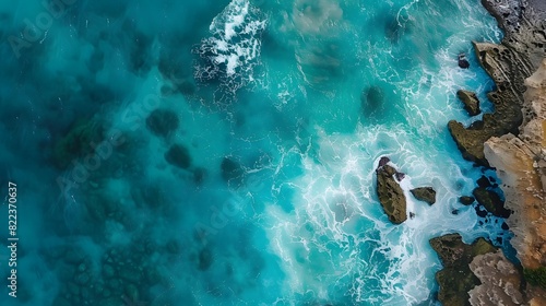 Aerial top view of sea, ocean blue waves crashing on rocky shore photo