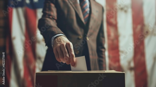 Close-up of male hand putting voting card into the ballot box, Presidential election in United States of America. Ballot box on USA flag background.