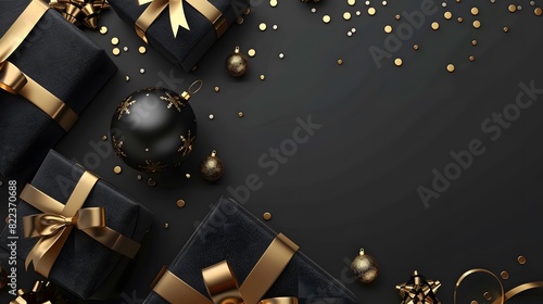 Black Friday concept, black gift boxes with ribbon on black background photo