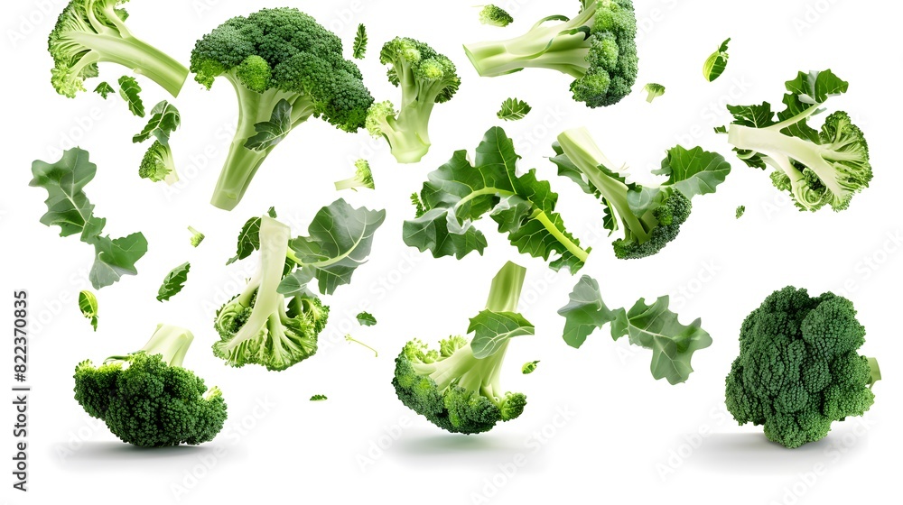Bright green broccoli florets gently falling on a white surface Bright green broccoli florets gently falling on a white surface