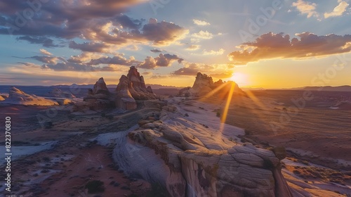 Breathtaking sunset over a dramatic desert landscape with unique rock formations and dramatic lighting