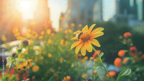 Fototapeta Naklejka Na Ścianę i Meble -  Bee Pollinating Flower in Urban Rooftop Garden. Close-up of a bee pollinating a vibrant flower with a city skyline in the background, showcasing urban biodiversity.