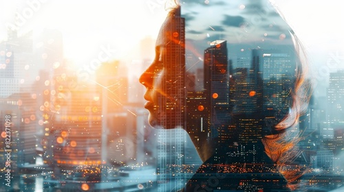 Double exposure of a female entrepreneur and city skyscrapers, symbolizing ambition and success in business.
