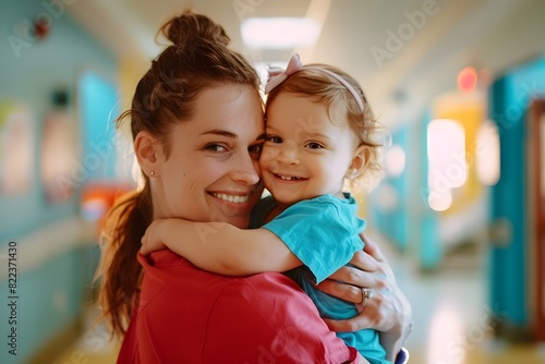 Beautiful mother carrying toddler, tender smile, colorful pediatric ward