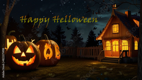 halloween background with pumpkin.happy hellowen writing with pumpkin house background at night lit by fire lanterns photo