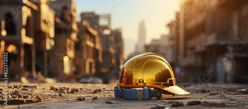 yellow helmet on construction site and excavator background on building construction