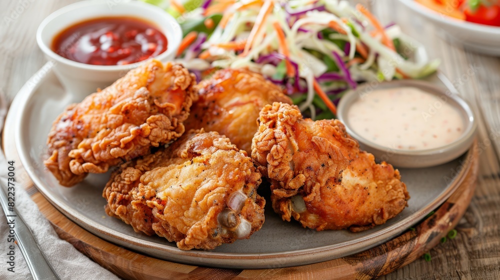 Elevated perspective of crispy fried chicken thighs, served with a refreshing coleslaw and dipping sauces. Elevated perspective of crispy fried chicken thighs, served with a refreshing coleslaw and dipping sauces.