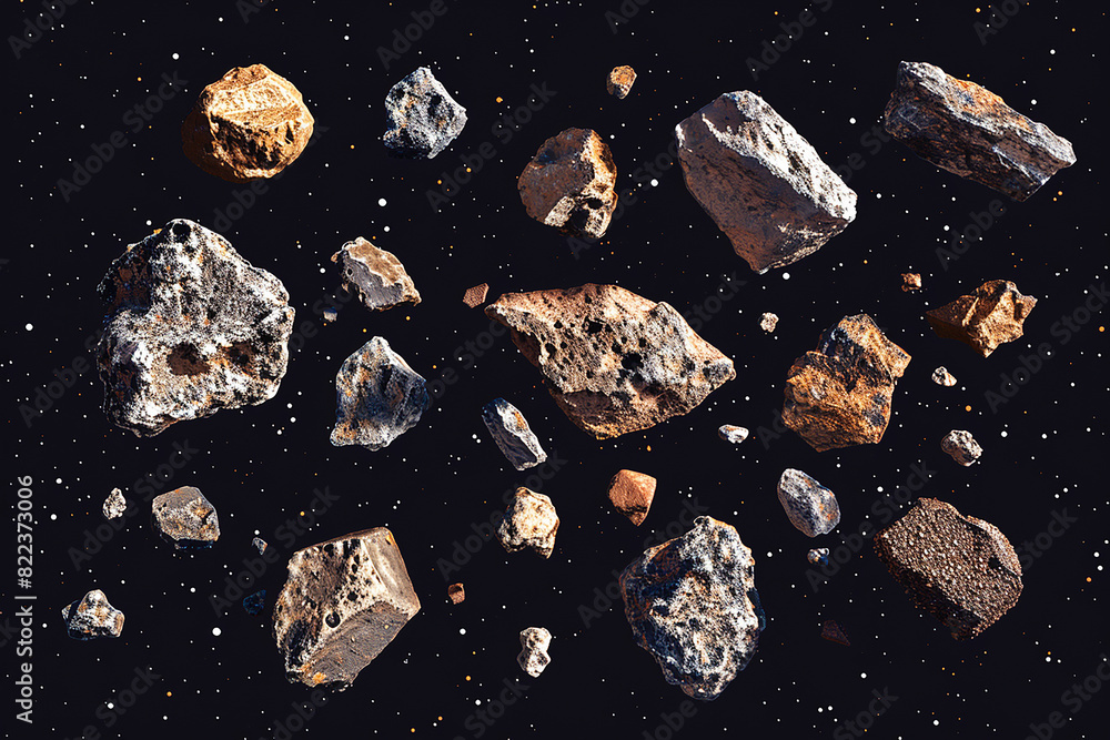Collection of meteorites, asteroids, comets, meteors, comet tail isolated on a black background. Collection of meteorites, asteroids, comets, meteors, comet tail isolated on a black background.