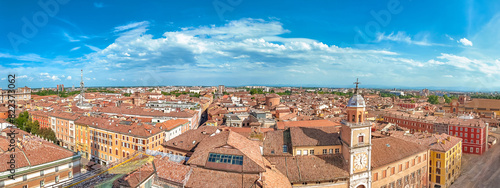 Aerial view of Modena's downtown, showcasing historical architecture and the town hall from the Duomo cathedral's iconic Ghirlandina bell tower