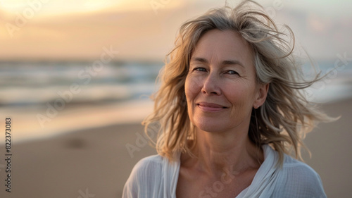 Portrait of a beautiful smiling middle aged woman walking on the beach