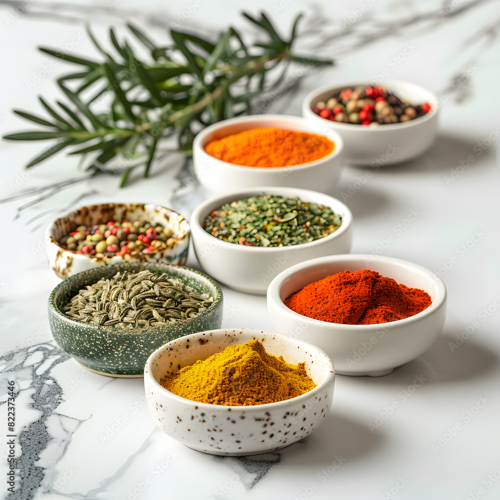 A selection of colorful spices and herbs arranged in small bowls on a kitchen countertop isolated on white background, simple style, png
