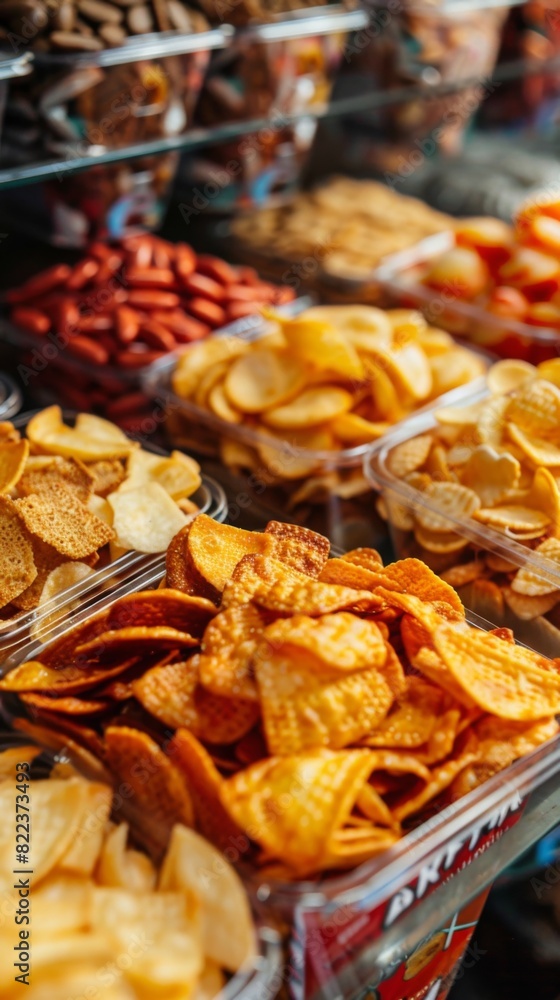 Many different types of chips in plastic containersfood background , harmful food product