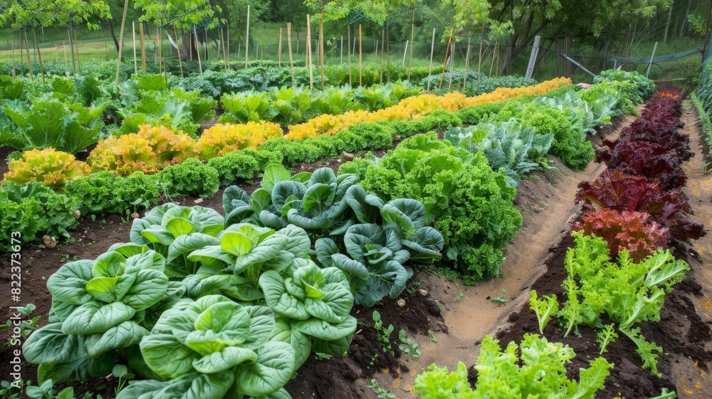 Elevated view of an expansive vegetable garden, showcasing the vibrant colors and variety of planted crops. Elevated view of an expansive vegetable garden, showcasing the vibrant colors and variety of planted crops.