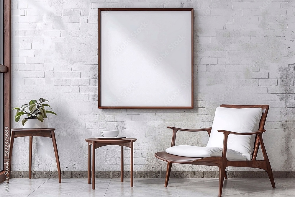 Mock up poster frame in interior background. Interior of a room with a chair. Mock up poster frame in interior background. Interior of a room with a chair.