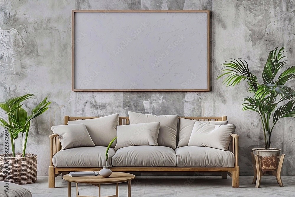 Interior of modern living room with gray sofa and mock up poster.