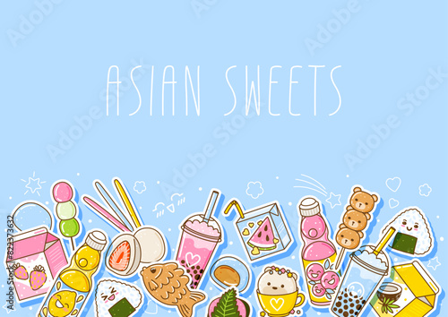 Horizontal border with cute asian food stickers - cartoon illustration of traditional japanese sweets and drinks on light blue background for Your kawaii design