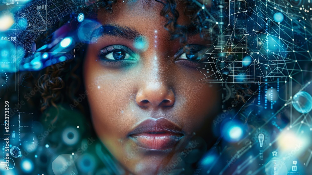 Female entrepreneur face merged with futuristic digital interfaces, representing innovation and technology in business. Female entrepreneur face merged with futuristic digital interfaces, representing innovation and technology in business.