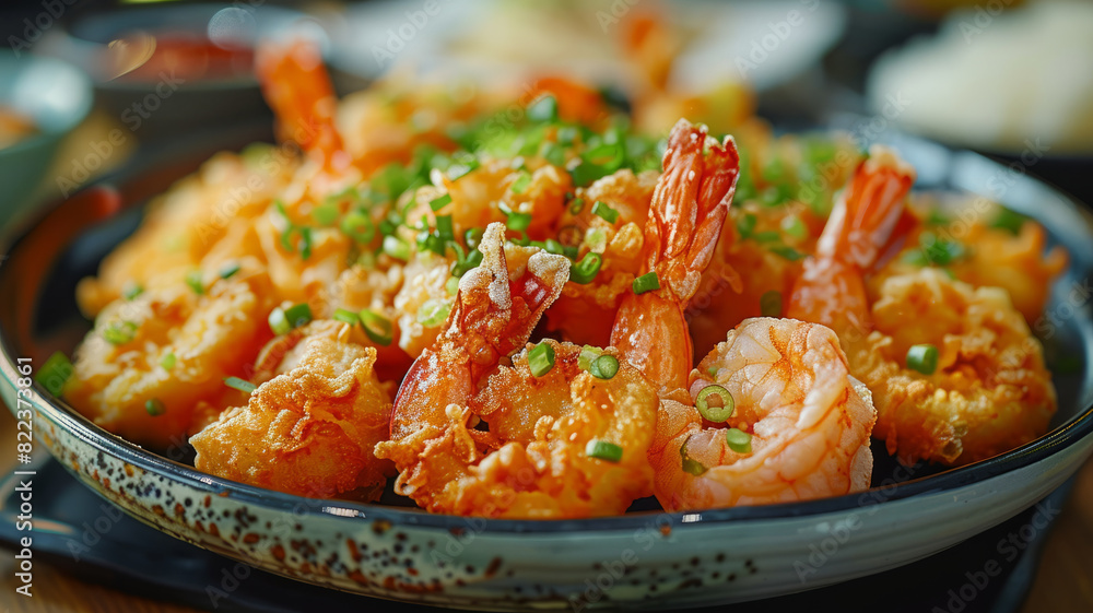 Fried shrimp garnished with chives on a plate Fried shrimp garnished with chives on a plate