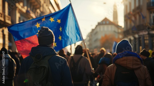 Group of people protesting with European union flag