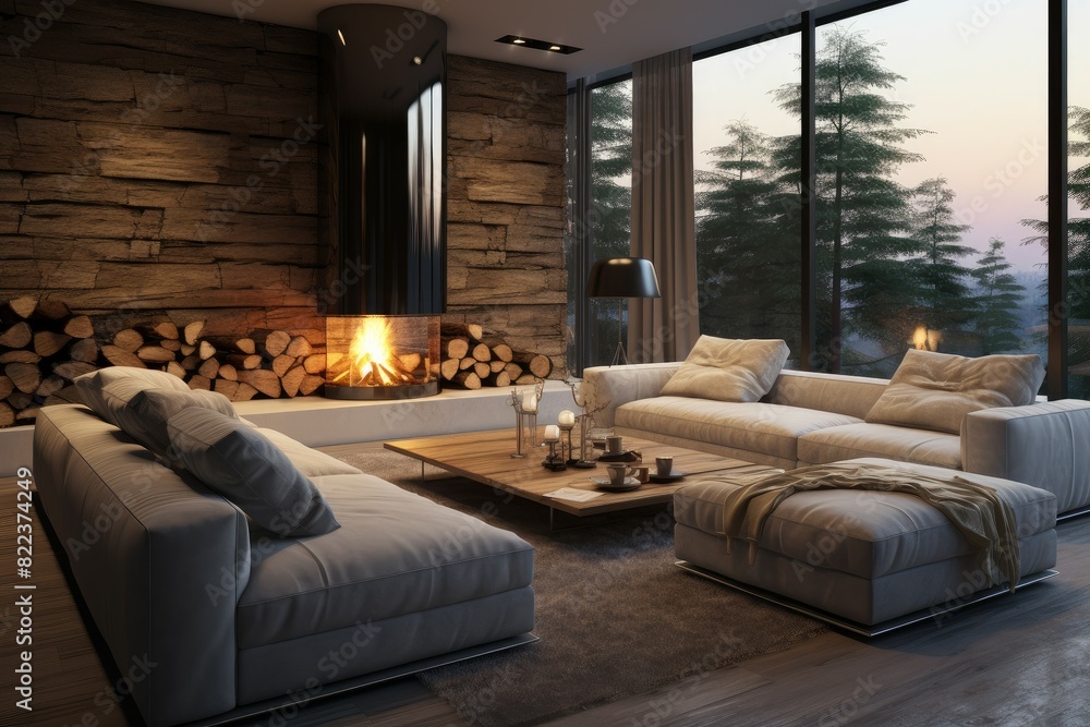 Elegant interior design of a living room with a warm fireplace and forest view at dusk Elegant interior design of a living room with a warm fireplace and forest view at dusk