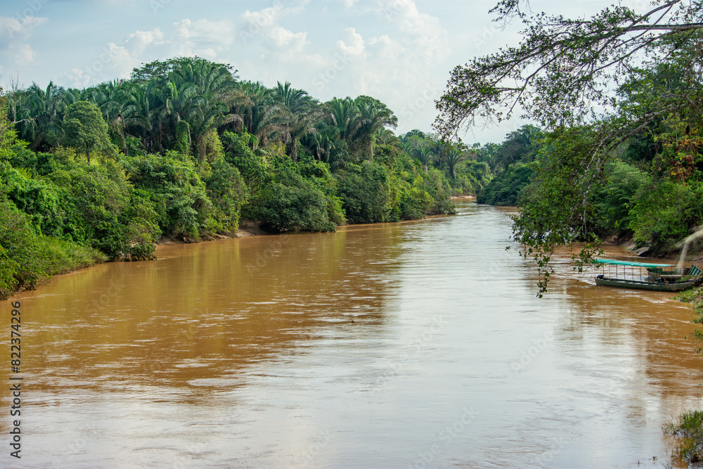 Scenic view of a muddy river in Casanare, Colombia with lush greenery and a boat Scenic view of a muddy river in Casanare, Colombia with lush greenery and a boat