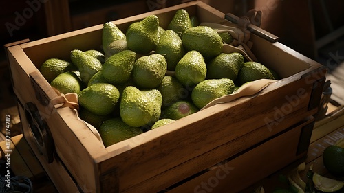 Fresh Creamy Avocados in a Wooden Crate: Perfectly Ripe and Ready for Delicious Recipes, Showcasing Nature's Green Goodness and Nutritious Flavor. photo