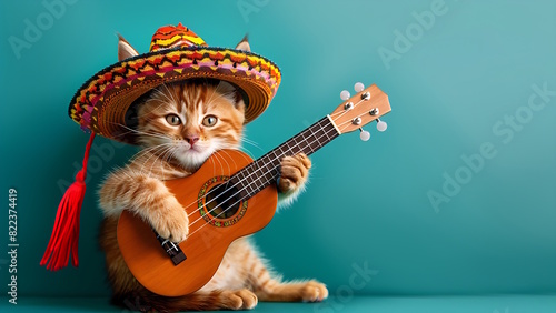 Cute cat in mexican hat playing ukulele.