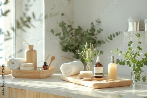 Sustainable Waterless Skincare Products in Zero Waste Bathroom Setting with Tropical Plants © spyrakot