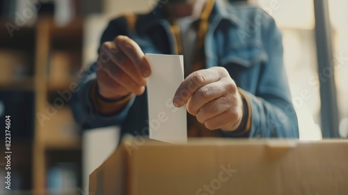 Man Casting His Vote into the Ballot Box during Election, Close-up of hand holding the ballot photo